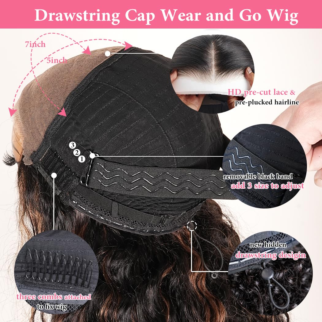 7X5 Deep Wave Wear And Go Glueless Wigs Human Hair Pre Plucked Pre Cut Hd Lace 210 Density Deep Wave Lace Front Wigs Human Hair 26 Inch Drawstring Curly Human Hair Wig For Women Beginner Friendly