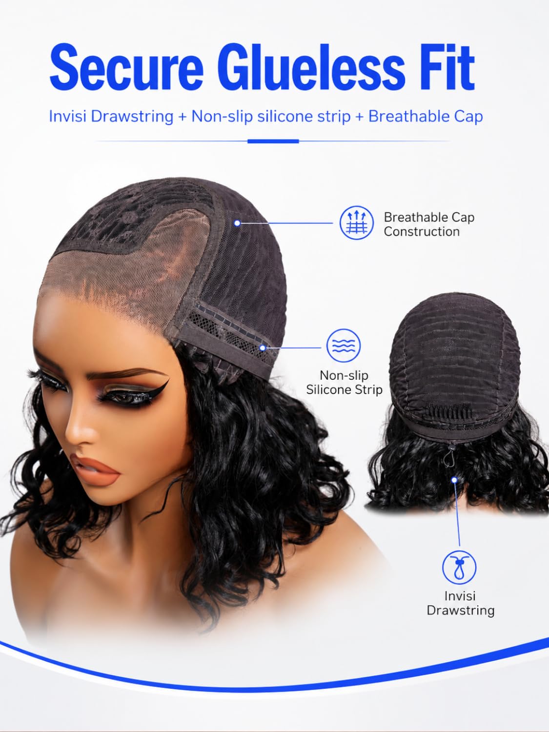 Nadula 13x4 HD Ombre Brown Wavy Bob Drawstring Wig Human Hair with Blonde Face Framing Layers Bangs,Pre Everything Glueless No Slip Wig Pre Plucked Ready to Wear Short Highlight Wavy Bob Wig 10inch