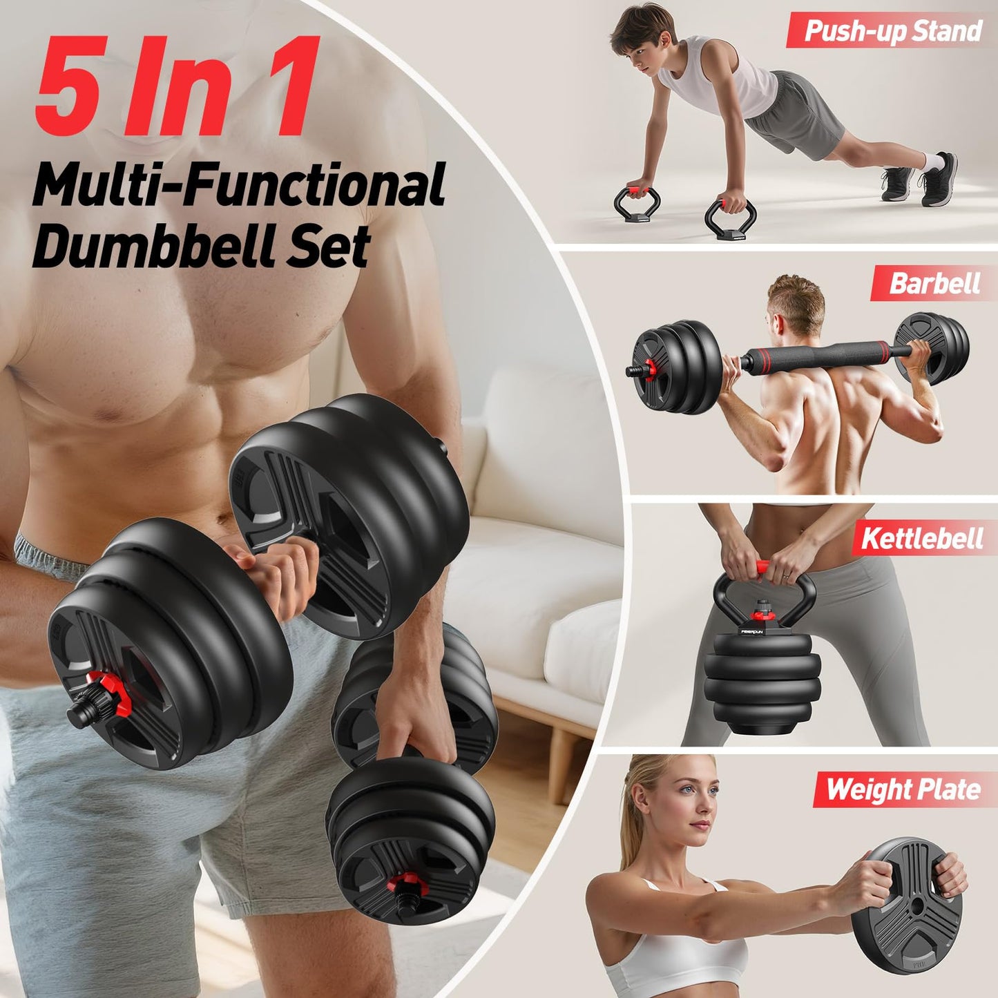 FITPLAM Adjustable dumbbell set,20/35/45/55/70/90lbs Free Weights set with upgraded nut, 5 in 1 Weight Set Used as Kettlebells, Barbell, Push up Stand, Fitness Exercise for Home Gym Suitable Men/Women