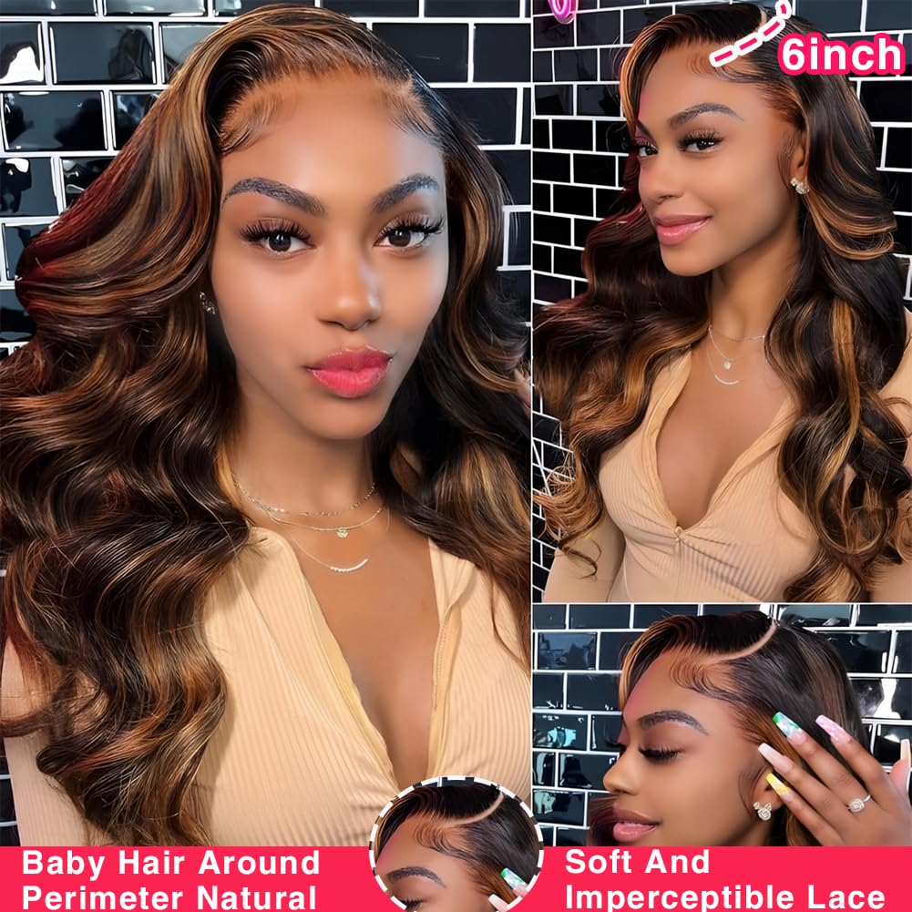miear 360 Drawstring Lace Front Wigs Human Hair 4/27 Highlight Ombre Wig | 360 HD Full Lace Frontal Wig Body Wave Lace Front Wig Pre Plucked for Black Women 180% Density Honey Blonde Color 28inch