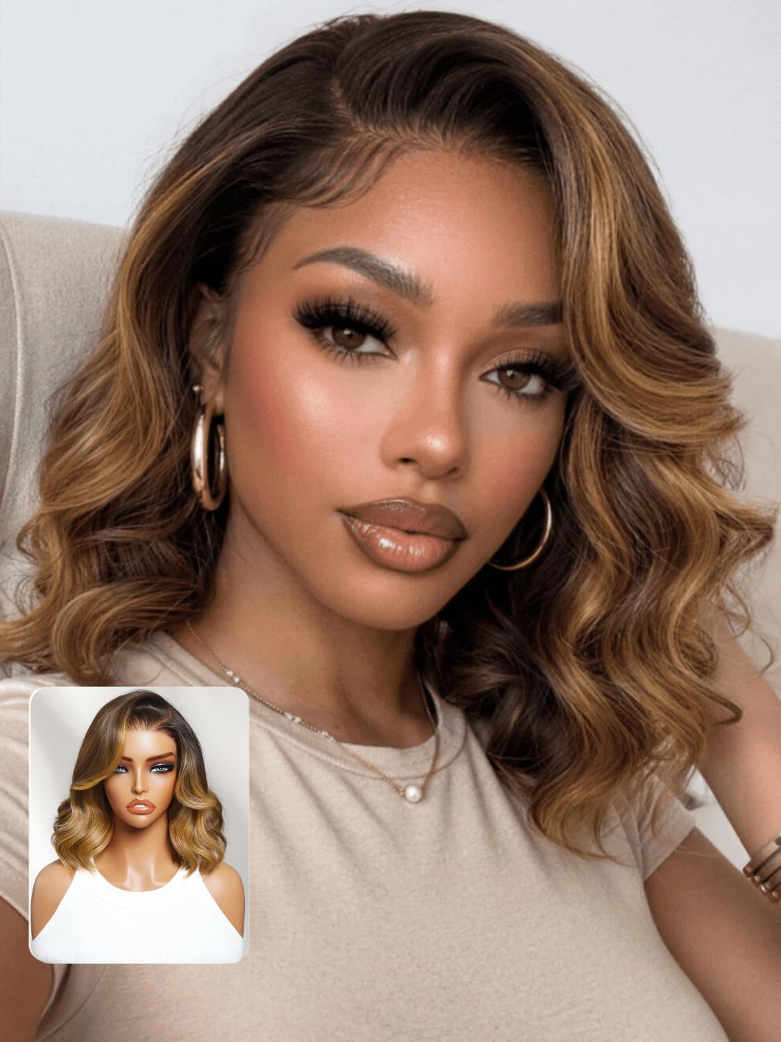 Nadula 13x4 HD Ombre Brown Wavy Bob Drawstring Wig Human Hair with Blonde Face Framing Layers Bangs,Pre Everything Glueless No Slip Wig Pre Plucked Ready to Wear Short Highlight Wavy Bob Wig 10inch