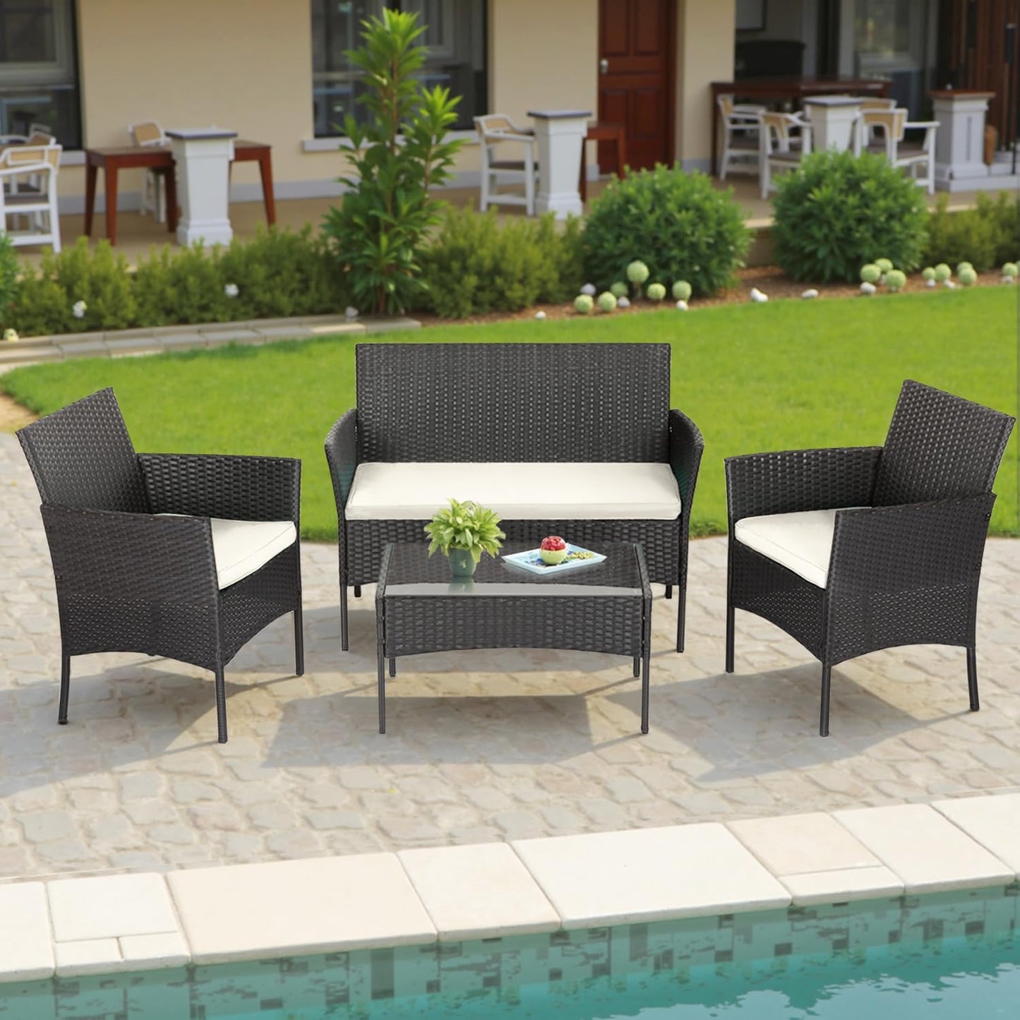 FDW 4-Piece Patio Furniture Set | Black | Outdoor Wicker Furniture | with Coffee Table | Modern Rattan Chairs Conversation Set | Outdoor Seating | Weather-Resistant | for Porch, Garden, Lawn
