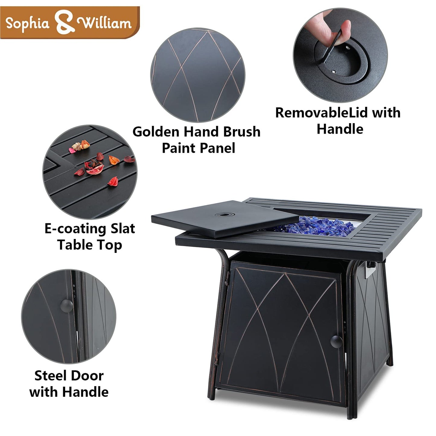 Sophia & William 56 Inch Gas Fire Pit Table,Rectangular Propane Fireplace | Outdoor Rattan Propane Fire Table with Fire Glass, Lid, 50,000 BTU Firepits for Outside Patio