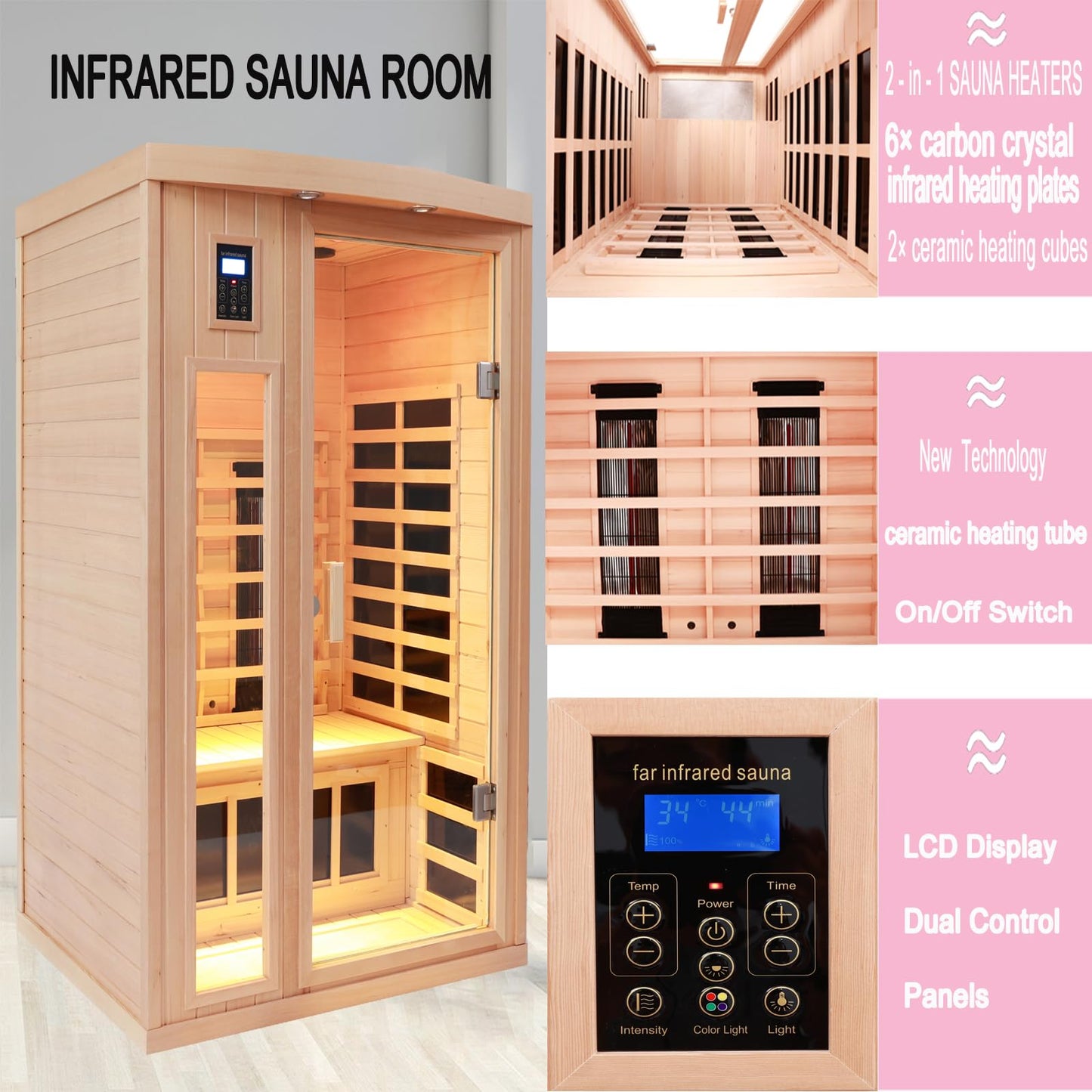 3 Person Infrared Sauna Ceramic Infrared Sauna w/Red Light Therapy | Far & Near Infrared Sauna Indoor, Low EMF Infrared Saunas for Home, Hemlock Deluxe Glass Home Sauna with Granite Backdrop