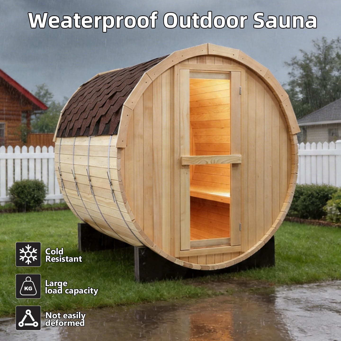 Outdoor Barrel Steam Sauna, 6-8 Person Canadian Hemlock Traditional Wooden Steam Saunas with 220V/6KW Toule Electric Stove, Tempered Glass Sauna Kits for Backyard & Garden (0-195℉)