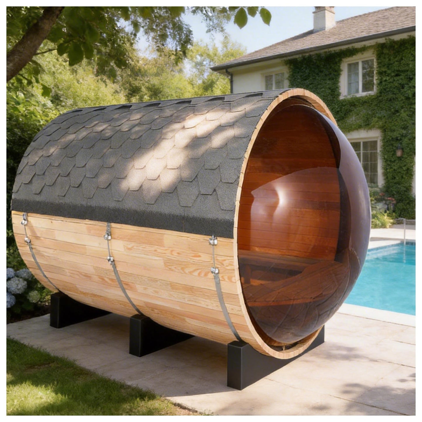 Outdoor Barrel Steam Sauna, 6-8 Person Canadian Hemlock Traditional Wooden Steam Saunas with 220V/6KW Toule Electric Stove, Tempered Glass Sauna Kits for Backyard & Garden (0-195℉)