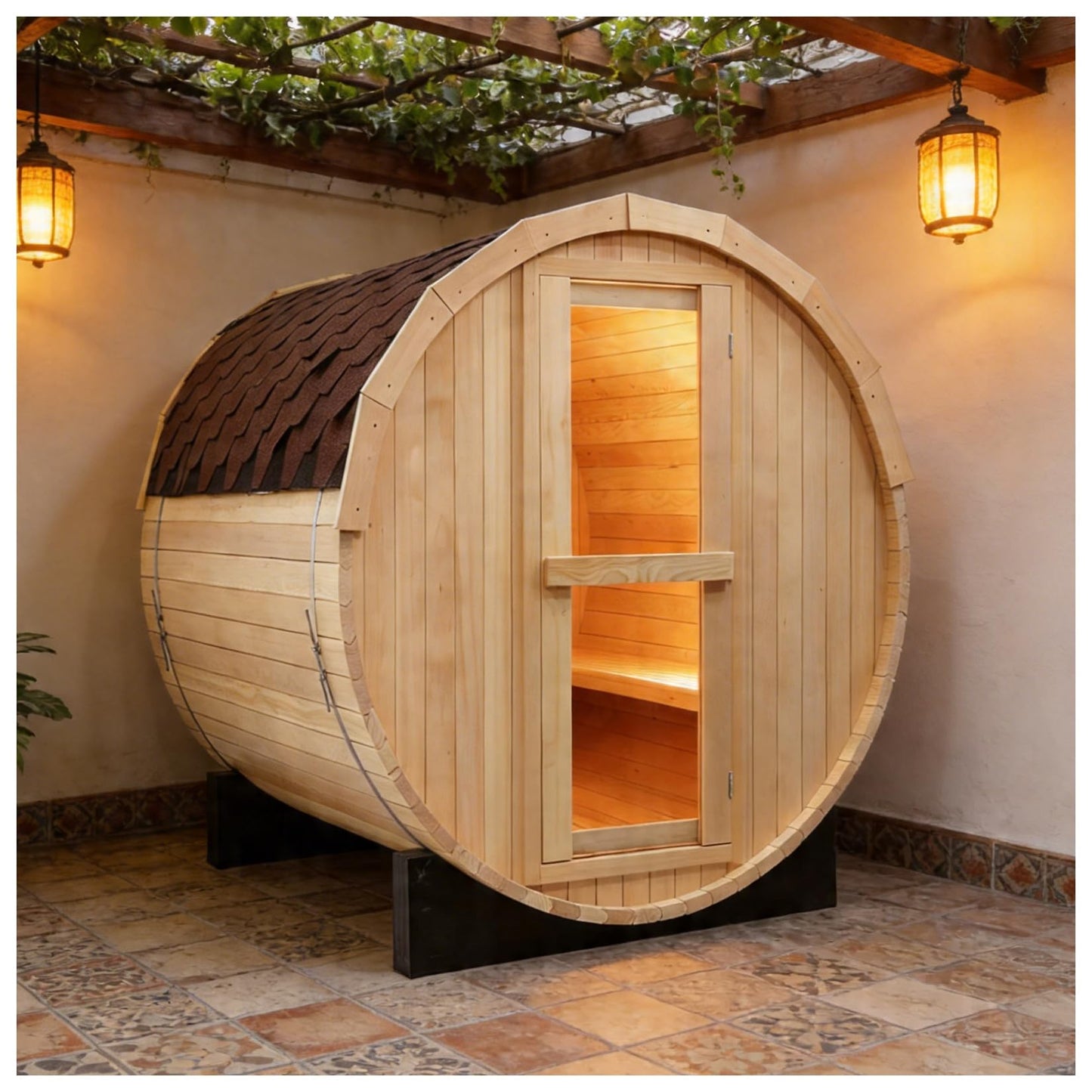 Outdoor Barrel Steam Sauna, 6-8 Person Canadian Hemlock Traditional Wooden Steam Saunas with 220V/6KW Toule Electric Stove, Tempered Glass Sauna Kits for Backyard & Garden (0-195℉)