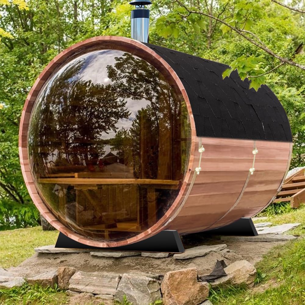 Outdoor Wooden Panoramic Barrel Sauna, 6-8 Person Sauna Room, 220V，6kw Toule Electric Heater with Sauna Stone, and Asphalt Shingle Roof (Red Ceder)