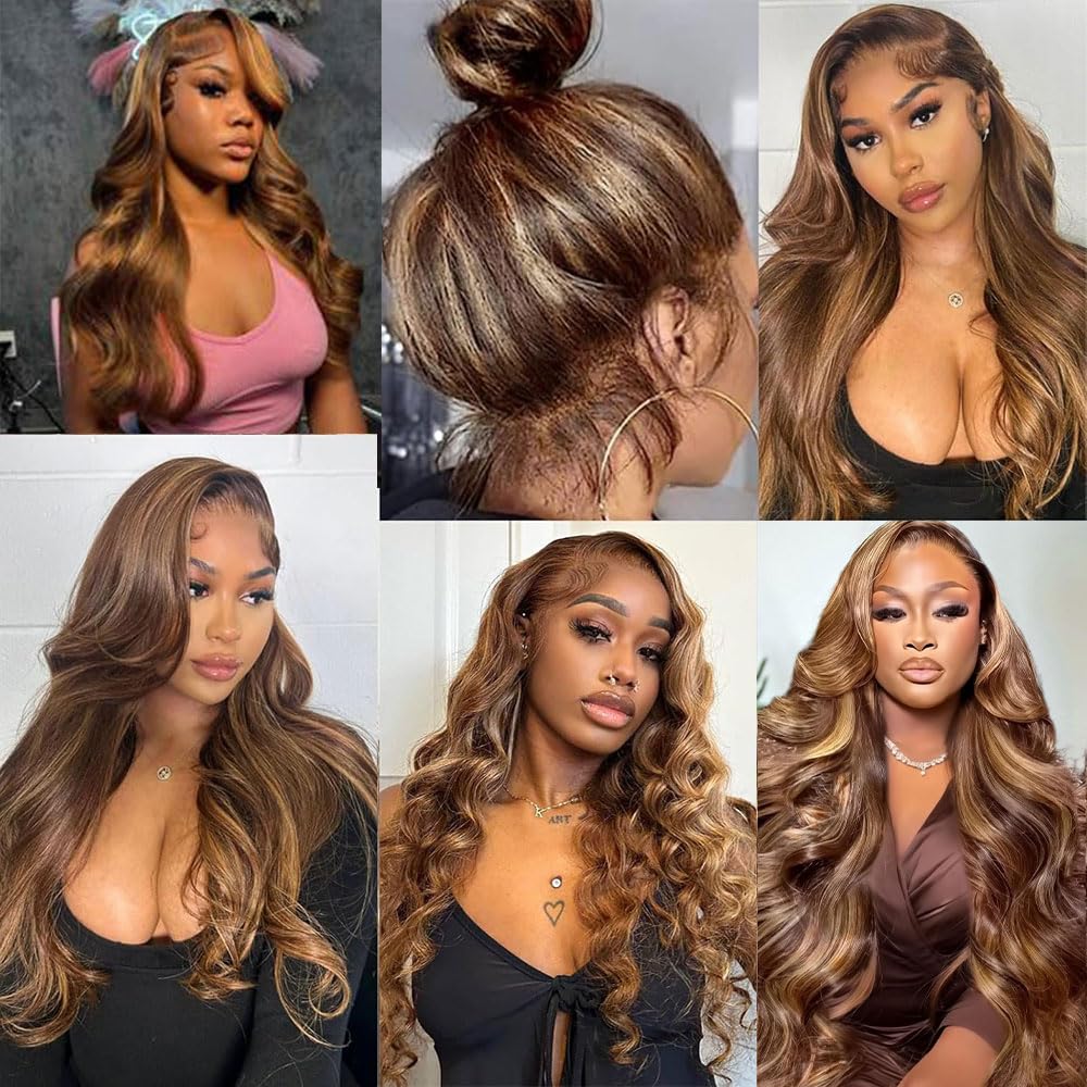 miear 360 Drawstring Lace Front Wigs Human Hair 4/27 Highlight Ombre Wig | 360 HD Full Lace Frontal Wig Body Wave Lace Front Wig Pre Plucked for Black Women 180% Density Honey Blonde Color 28inch