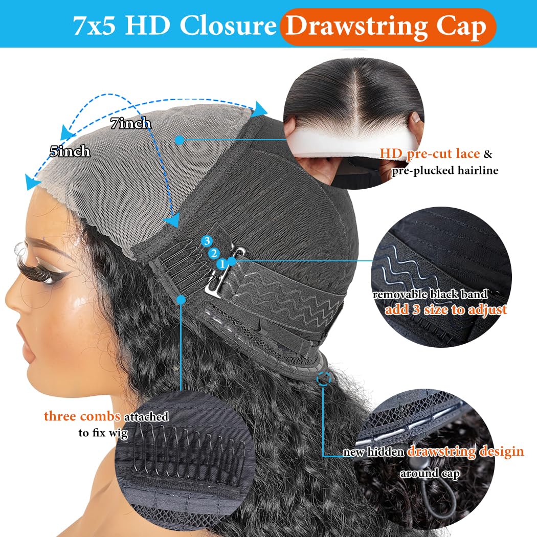 7X5 Deep Wave Wear And Go Glueless Wigs Human Hair Pre Plucked Pre Cut Hd Lace 210 Density Deep Wave Lace Front Wigs Human Hair 26 Inch Drawstring Curly Human Hair Wig For Women Beginner Friendly