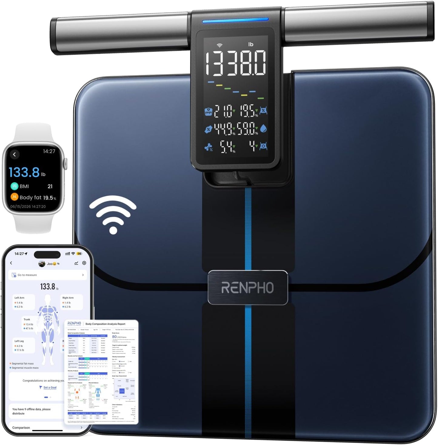 RENPHO Smart Scale with Large Handle Display, Wi-Fi & Wireless Connection | Body Composition Scale with BMI, Body Fat, Muscle Mass, 8 Electrodes, 50+ Metrics, Home Use, MorphoScan Aspire
