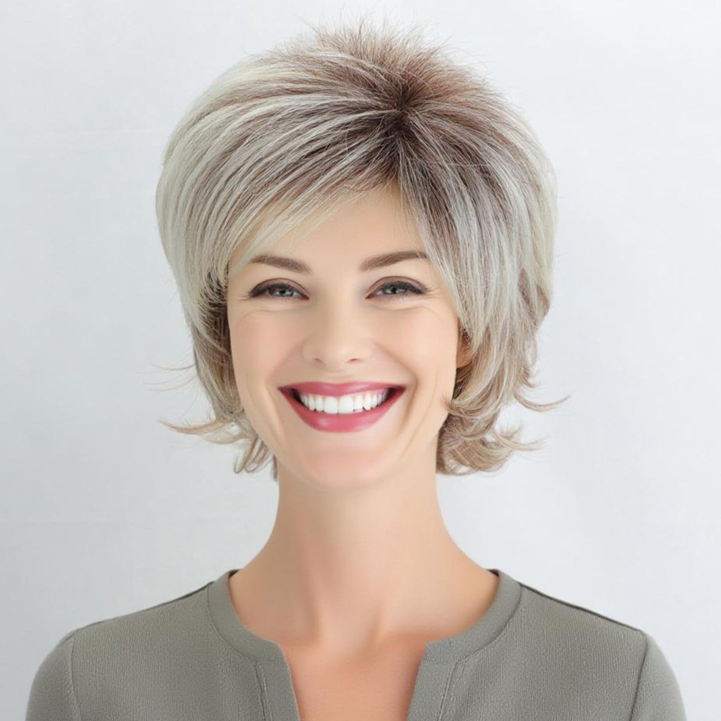 TISHINING Short Grey Curly Wigs for White Women Layered Silver Gray Pixie Cut Synthetic Full Wig with Bangs Natural Looking Daily Party Wigs for Older Women