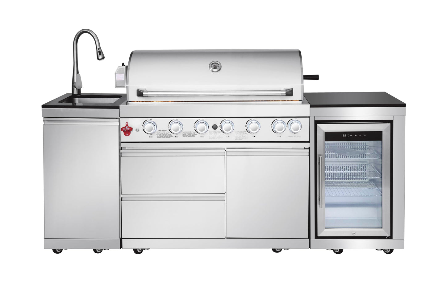 102.4 Inch Outdoor Kitchen Island | 4 Burner Propane Gas BBQ Grill with Sink and Refrigerator, 59500 BTU 304 Stainless Steel, Black (Black, 102.4"')