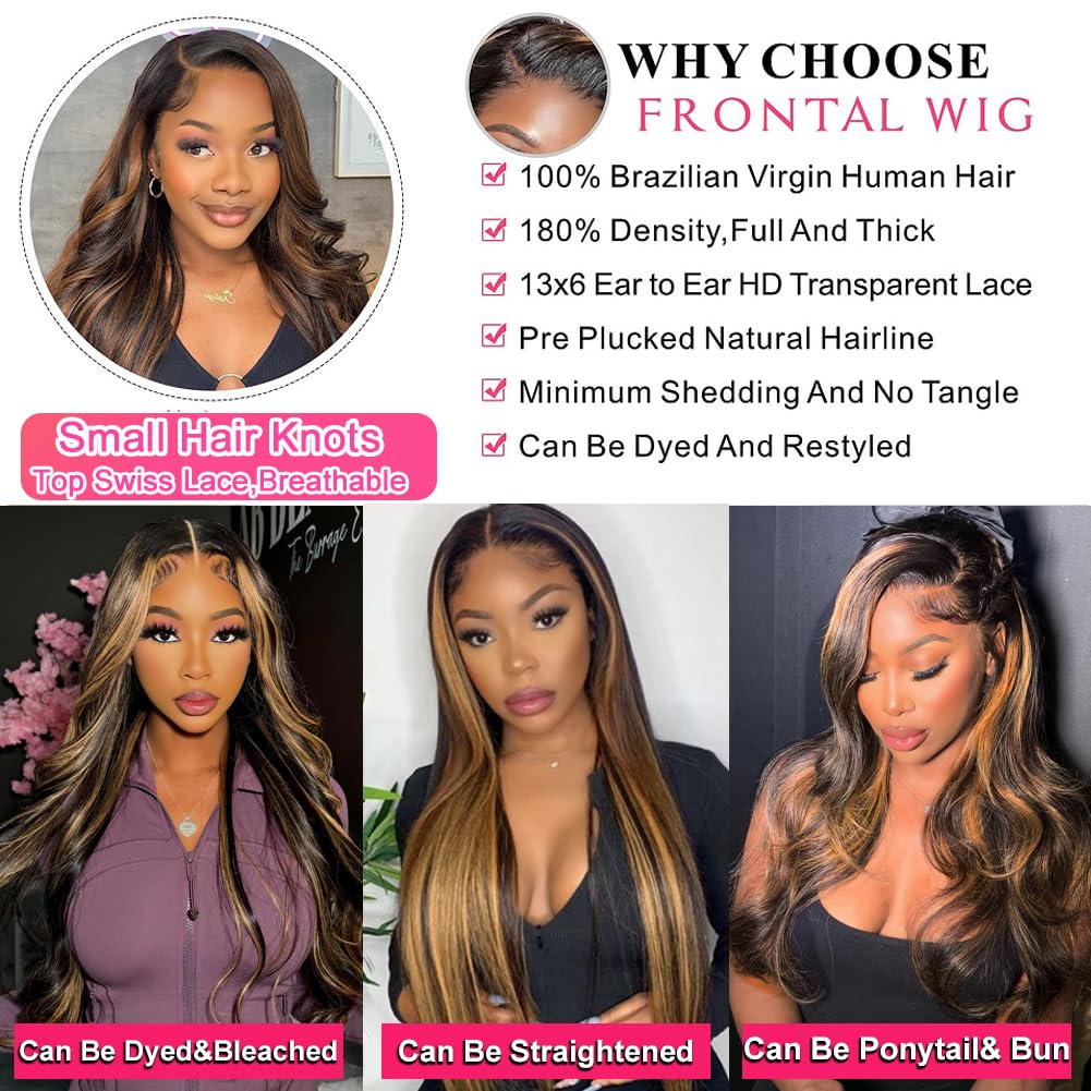 miear 360 Drawstring Lace Front Wigs Human Hair 4/27 Highlight Ombre Wig | 360 HD Full Lace Frontal Wig Body Wave Lace Front Wig Pre Plucked for Black Women 180% Density Honey Blonde Color 28inch