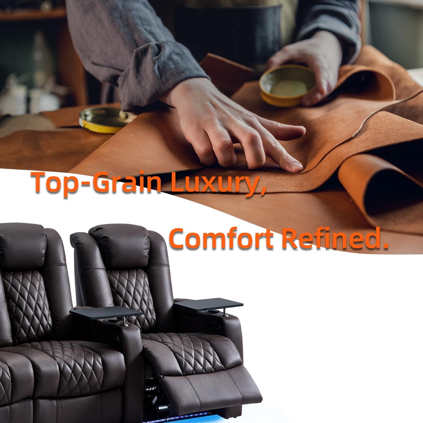 comfiroom Top-Grain Leather Home Theater Seating, Dual-Motor Power Recliner | Classic Series Black Zero Gravity Motorized Theater Chair with USB-C Charging, Adjustable Headrest, Tray Table, Row of 1