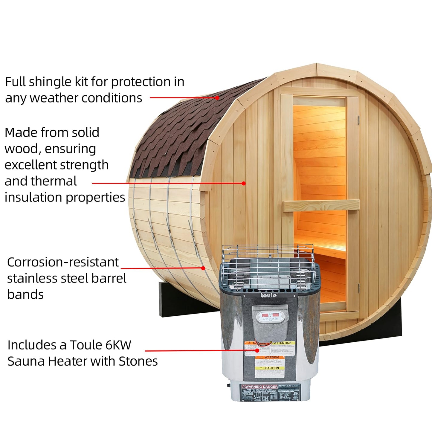 Outdoor Barrel Steam Sauna, 6-8 Person Canadian Hemlock Traditional Wooden Steam Saunas with 220V/6KW Toule Electric Stove, Tempered Glass Sauna Kits for Backyard & Garden (0-195℉)