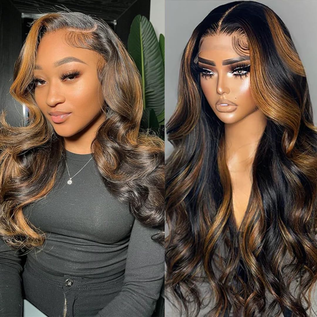 miear 360 Drawstring Lace Front Wigs Human Hair 4/27 Highlight Ombre Wig | 360 HD Full Lace Frontal Wig Body Wave Lace Front Wig Pre Plucked for Black Women 180% Density Honey Blonde Color 28inch