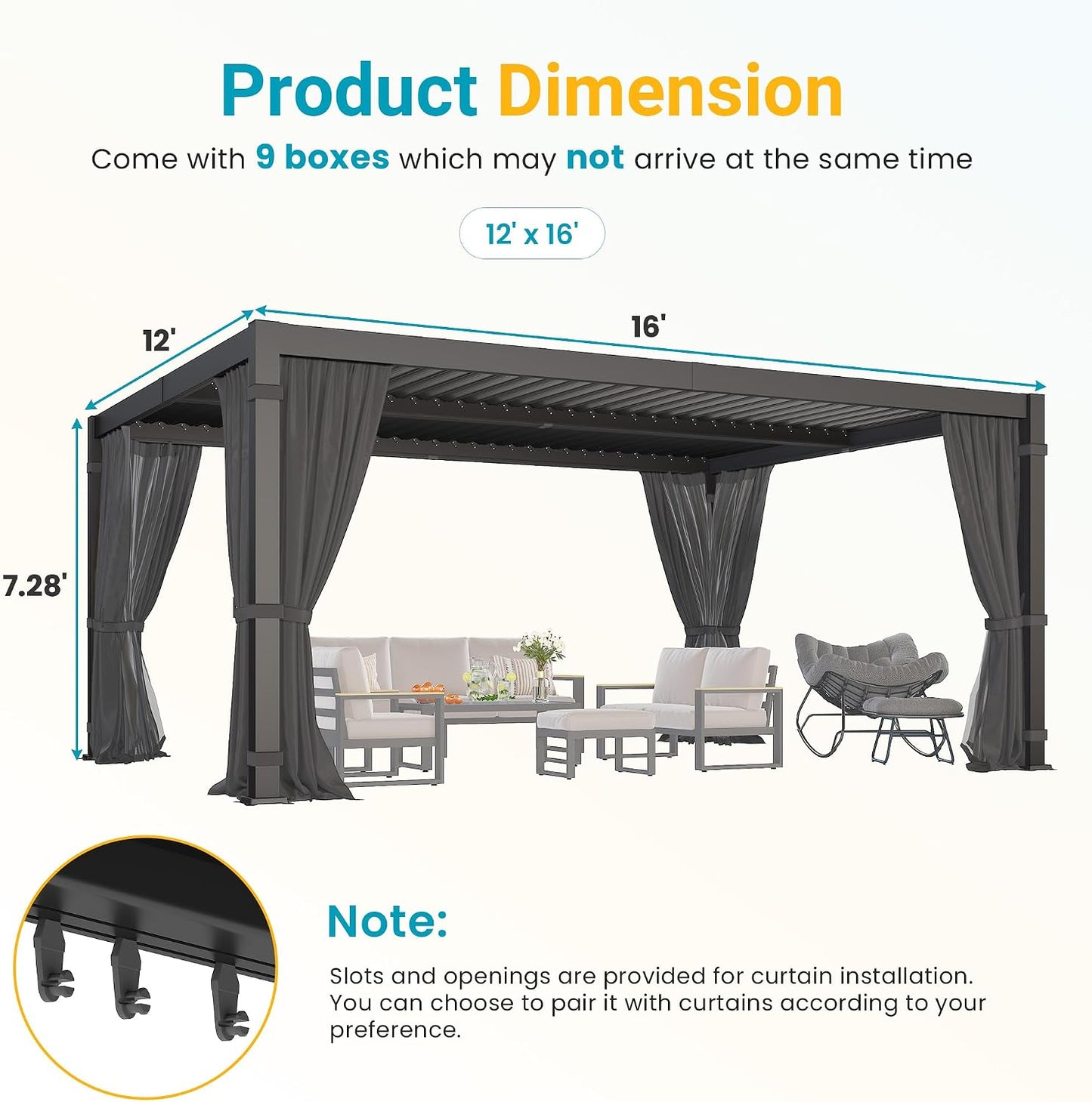 12' x 16' Pergola with Curtain & Adjustable Roof & Aluminum Frame for Patio | Louvered Pergola, Patio Pergola with Netting & Gutter System, Outdoor Pergola, Hardtop Gazebo for Deck, Yard, Dark Gray