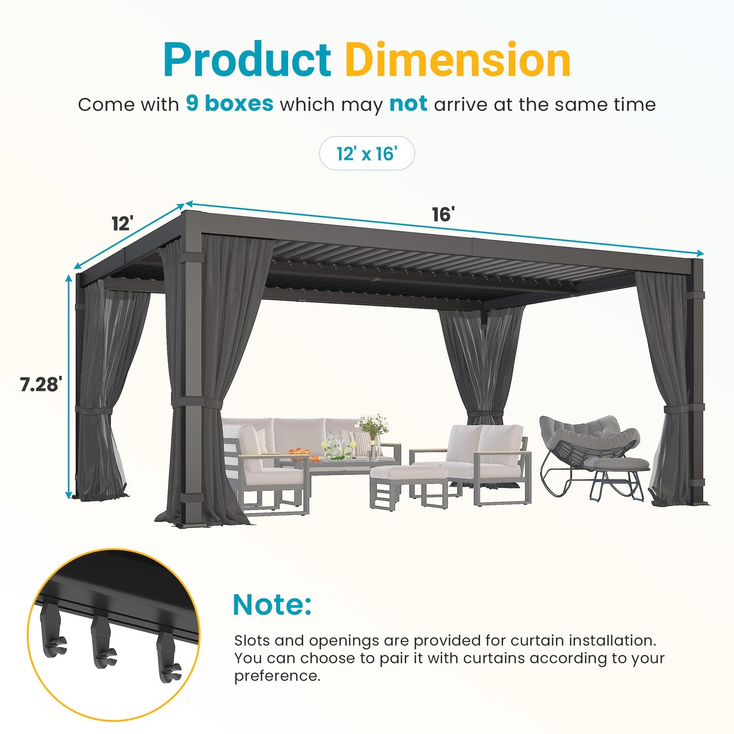 12' x 16' Pergola with Curtain & Adjustable Roof & Aluminum Frame for Patio | Louvered Pergola, Patio Pergola with Netting & Gutter System, Outdoor Pergola, Hardtop Gazebo for Deck, Yard, Dark Gray