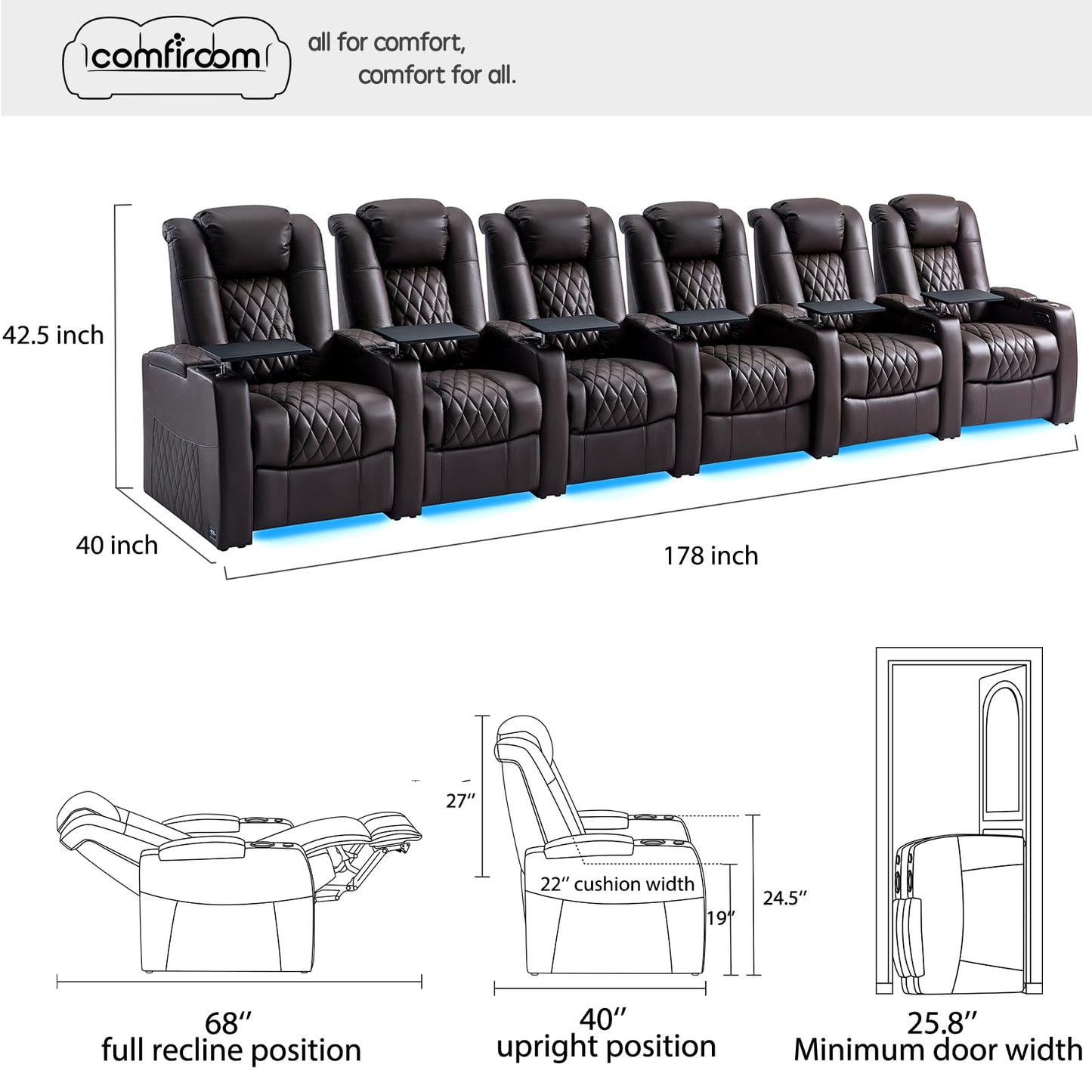 comfiroom Top-Grain Leather Home Theater Seating, Dual-Motor Power Recliner | Classic Series Black Zero Gravity Motorized Theater Chair with USB-C Charging, Adjustable Headrest, Tray Table, Row of 1
