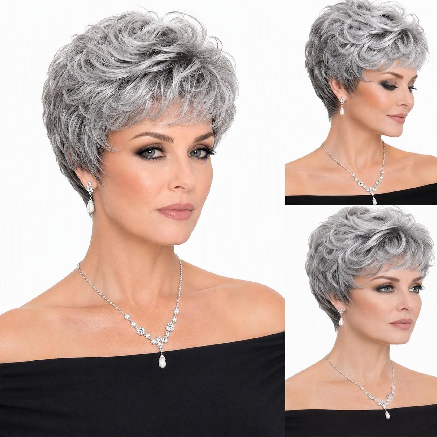 Women's Short Curly Silve Gray Wig Old Lady Hair | Fluffy Short Natual Wave Grey Hair Wigs for White Women Grandma Synthetic Daily Halloween Cosplay Party Wig Easy Care