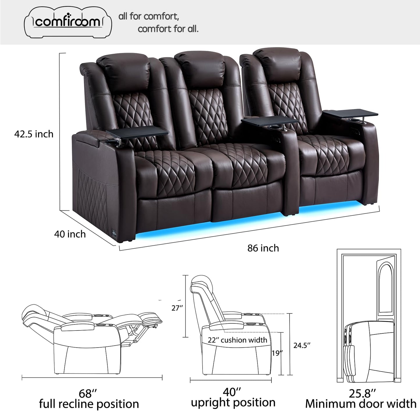 comfiroom Top-Grain Leather Home Theater Seating, Dual-Motor Power Recliner | Classic Series Black Zero Gravity Motorized Theater Chair with USB-C Charging, Adjustable Headrest, Tray Table, Row of 1