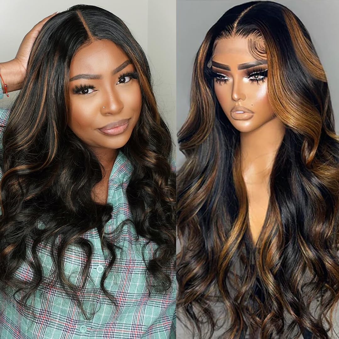 miear 360 Drawstring Lace Front Wigs Human Hair 4/27 Highlight Ombre Wig | 360 HD Full Lace Frontal Wig Body Wave Lace Front Wig Pre Plucked for Black Women 180% Density Honey Blonde Color 28inch