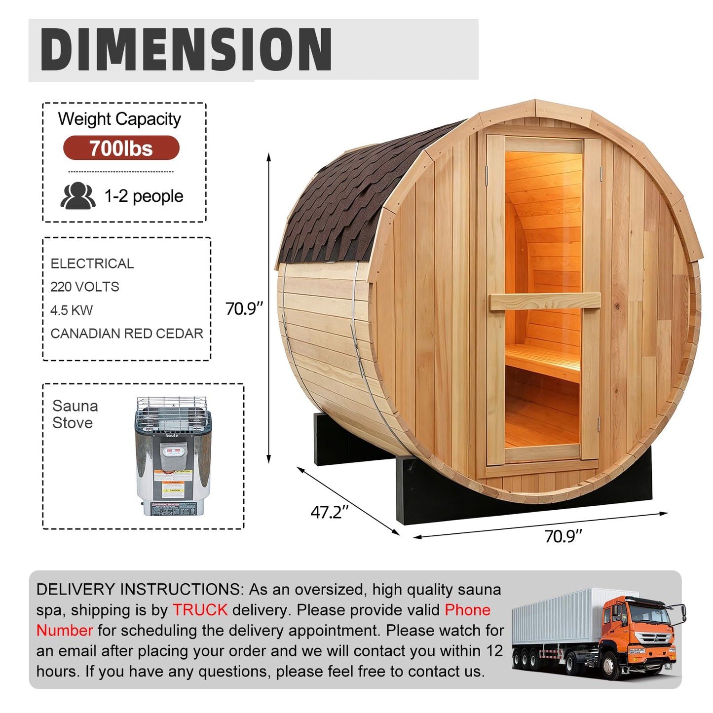 Outdoor Barrel Steam Sauna, 6-8 Person Canadian Hemlock Traditional Wooden Steam Saunas with 220V/6KW Toule Electric Stove, Tempered Glass Sauna Kits for Backyard & Garden (0-195℉)