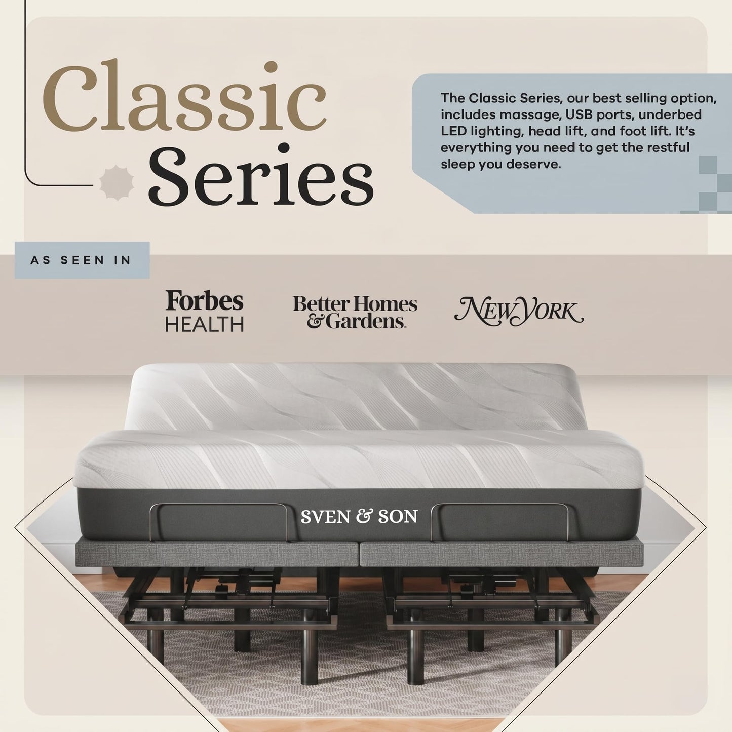 Sven & Son Classic Adjustable Bed Base, Head and Foot Lift, Massage, Under-Bed Lights, USB, Gel Memory, Zero Gravity Smart Frame - Full + 10 inch Memory Foam Matt (Firm)