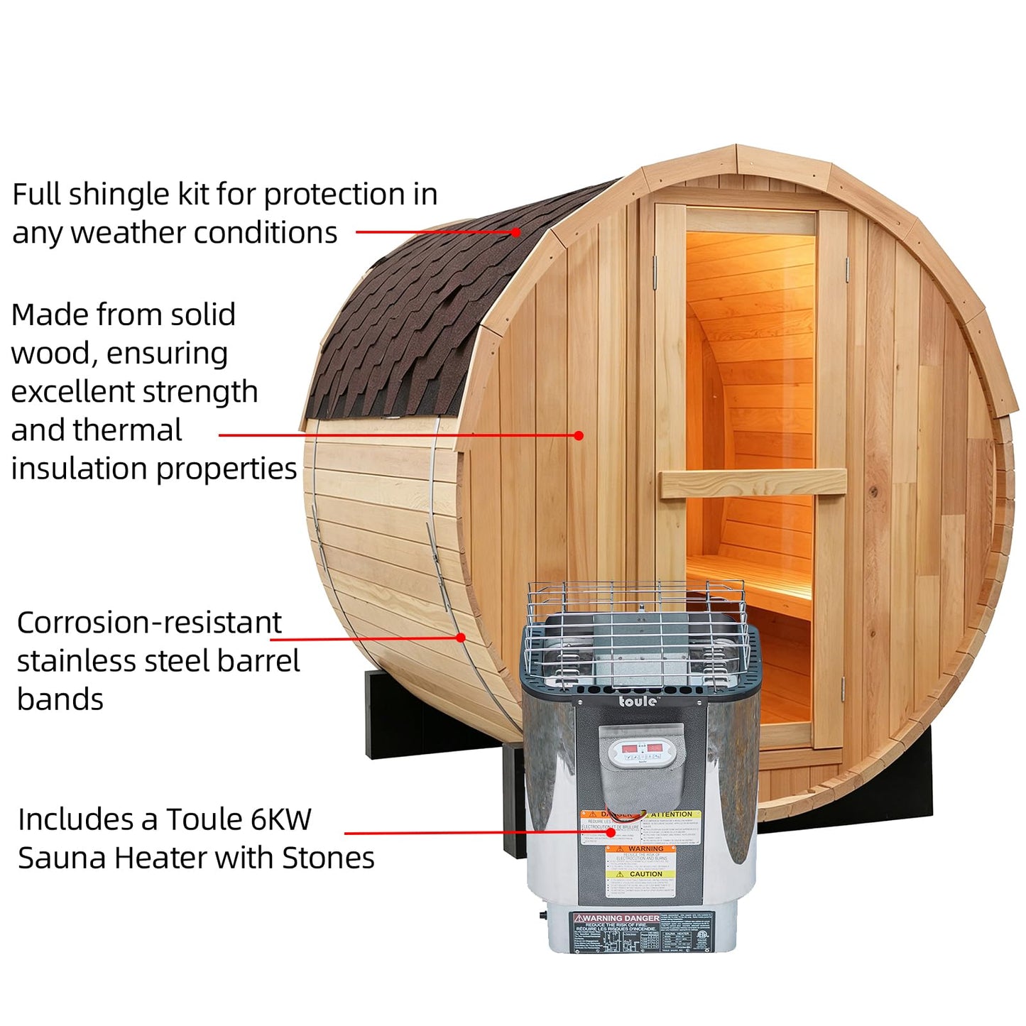 Outdoor Barrel Steam Sauna, 6-8 Person Canadian Hemlock Traditional Wooden Steam Saunas with 220V/6KW Toule Electric Stove, Tempered Glass Sauna Kits for Backyard & Garden (0-195℉)