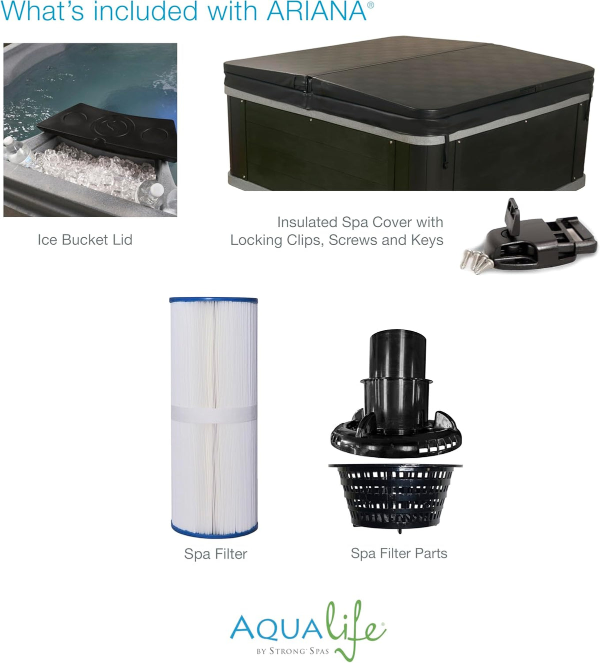 Ariana Outdoor Hot Tub, 6 Person Therapeutic Spa, 30 Jets, Underwater LED Lighting System, Insulated Spa Cover, Aqualife by Strong Spas