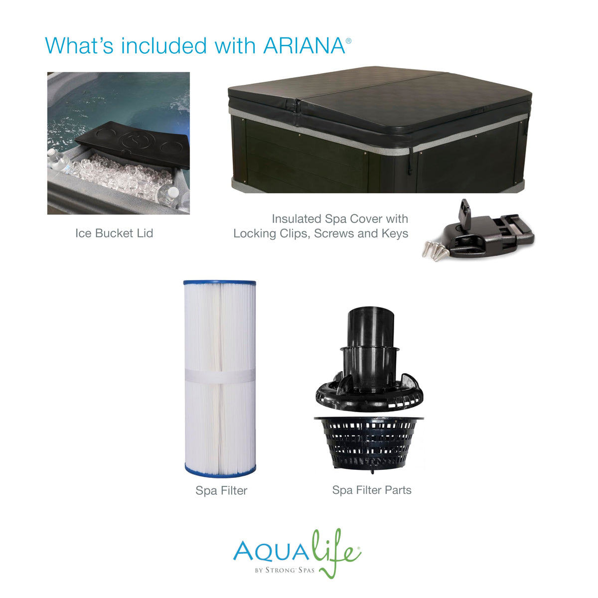 Ariana Outdoor Hot Tub, 6 Person Therapeutic Spa, 30 Jets, Underwater LED Lighting System, Insulated Spa Cover, Aqualife by Strong Spas