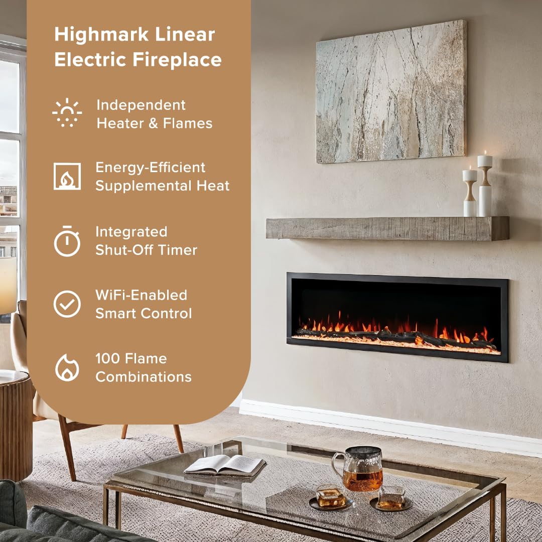 Highmark 72 Inch Smart Linear Electric Fireplace - Premium Flame with 10 Colors, Sleek Hidden Vent Design, Install Recessed in-Wall or Wall-Mount, WiFi Enabled.