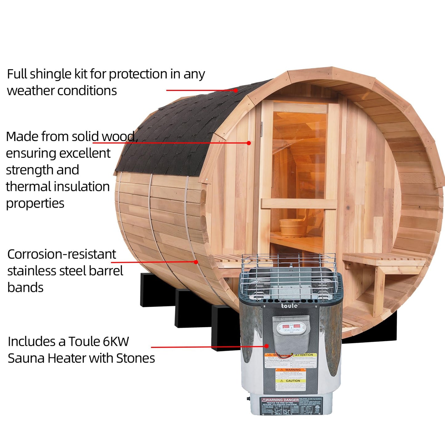 Outdoor Barrel Steam Sauna, 6-8 Person Canadian Hemlock Traditional Wooden Steam Saunas with 220V/6KW Toule Electric Stove, Tempered Glass Sauna Kits for Backyard & Garden (0-195℉)