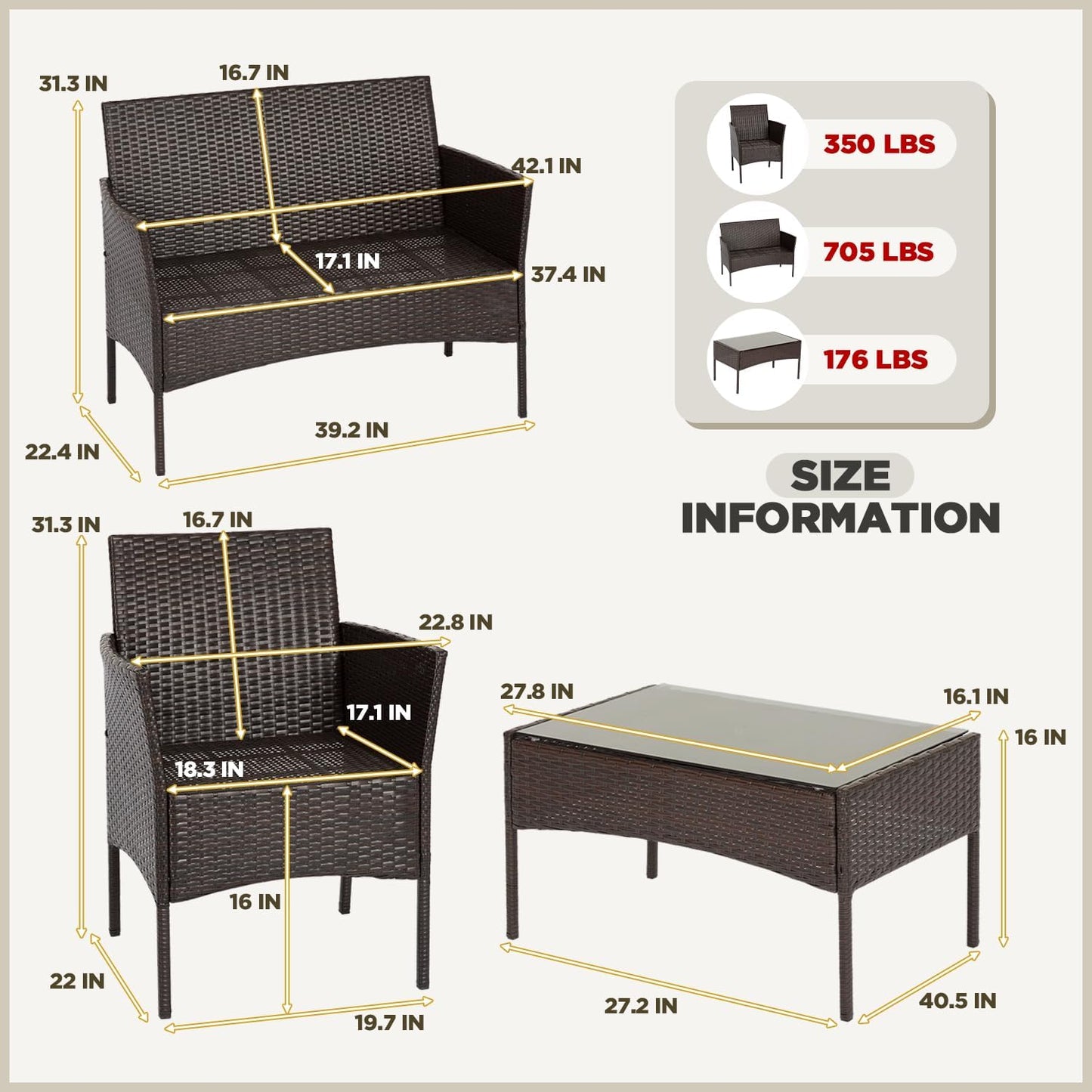 FDW 4-Piece Patio Furniture Set | Black | Outdoor Wicker Furniture | with Coffee Table | Modern Rattan Chairs Conversation Set | Outdoor Seating | Weather-Resistant | for Porch, Garden, Lawn