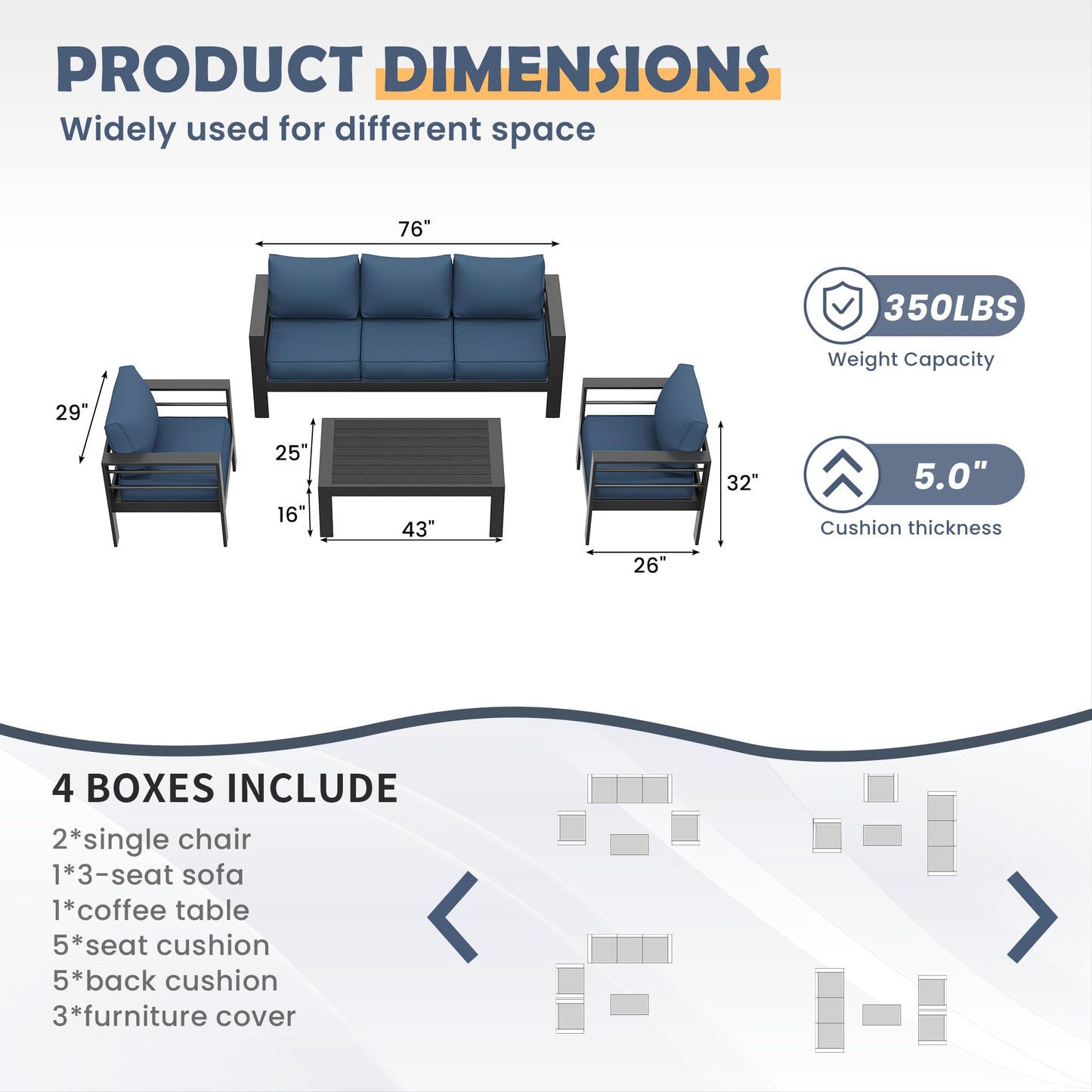 Amopatio Aluminum Patio Furniture Set, 6 Pieces Modern Outdoor Furniture | Outdoor Sectional with Coffee Table, Included Waterproof Covers, for Balcony, Garden, White&Blue