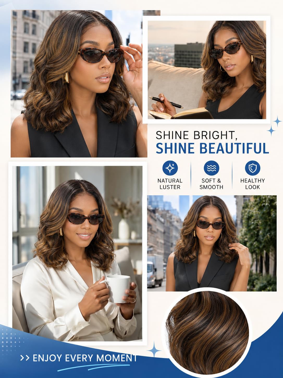 Nadula 13x4 HD Ombre Brown Wavy Bob Drawstring Wig Human Hair with Blonde Face Framing Layers Bangs,Pre Everything Glueless No Slip Wig Pre Plucked Ready to Wear Short Highlight Wavy Bob Wig 10inch