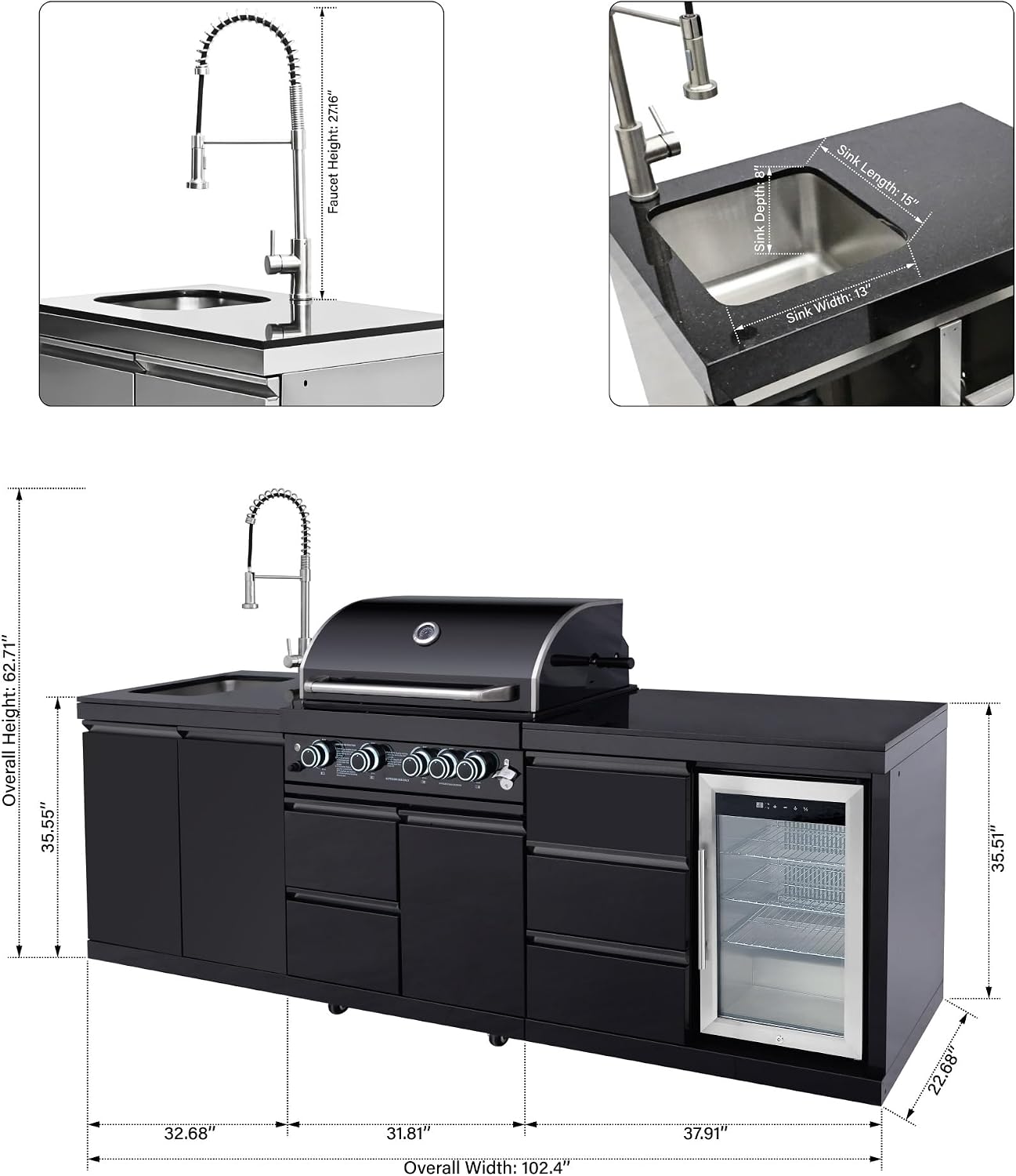 102.4 Inch Outdoor Kitchen Island | 4 Burner Propane Gas BBQ Grill with Sink and Refrigerator, 59500 BTU 304 Stainless Steel, Black (Black, 102.4"')
