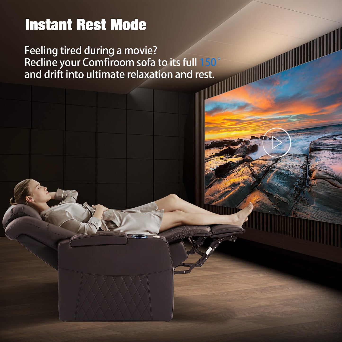 comfiroom Top-Grain Leather Home Theater Seating, Dual-Motor Power Recliner | Classic Series Black Zero Gravity Motorized Theater Chair with USB-C Charging, Adjustable Headrest, Tray Table, Row of 1