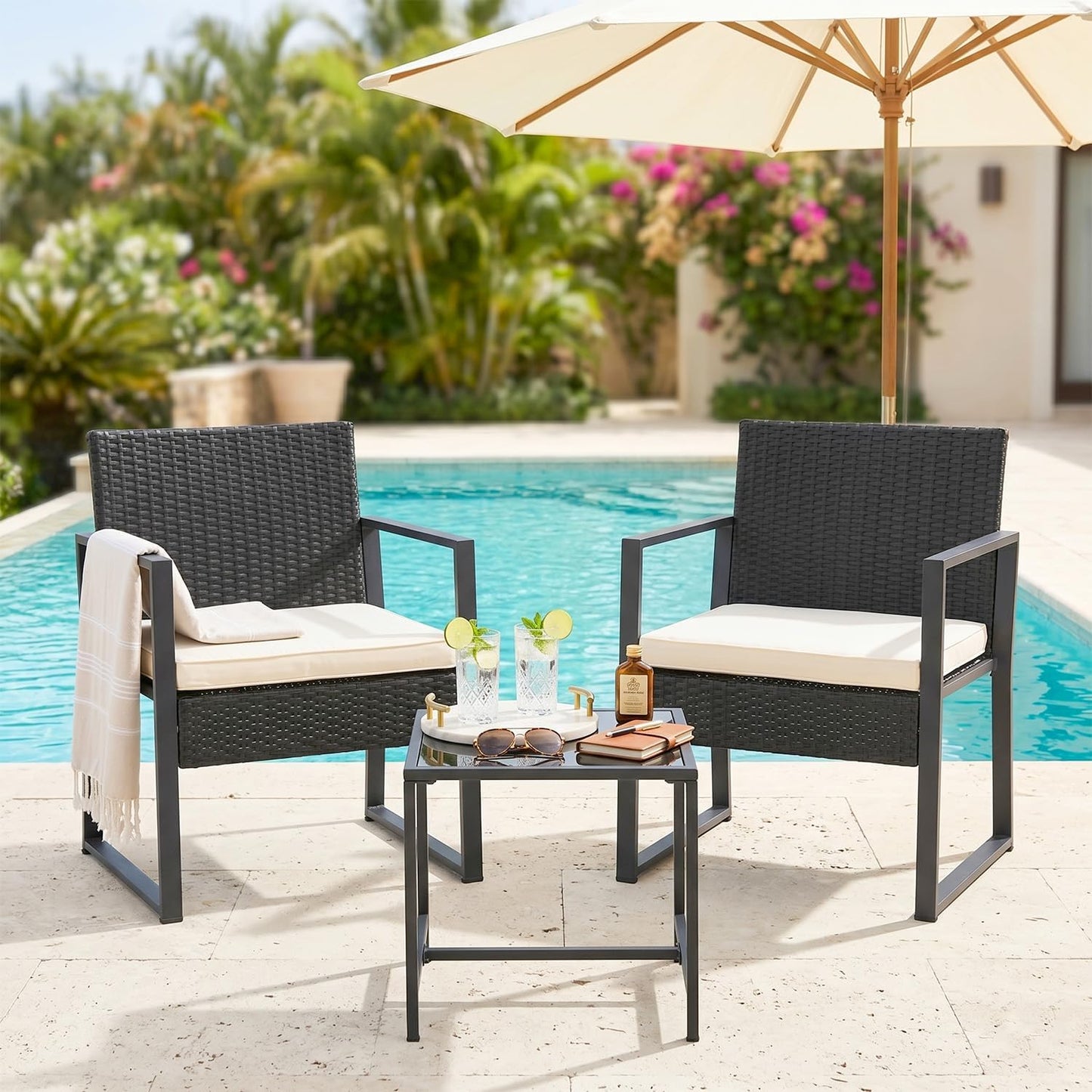 FDW 4-Piece Patio Furniture Set | Black | Outdoor Wicker Furniture | with Coffee Table | Modern Rattan Chairs Conversation Set | Outdoor Seating | Weather-Resistant | for Porch, Garden, Lawn