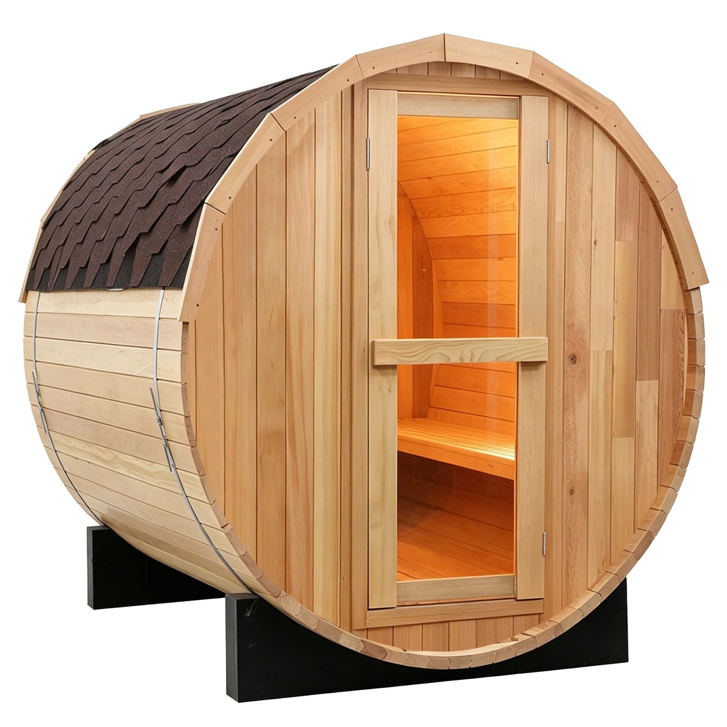Outdoor Barrel Steam Sauna, 6-8 Person Canadian Hemlock Traditional Wooden Steam Saunas with 220V/6KW Toule Electric Stove, Tempered Glass Sauna Kits for Backyard & Garden (0-195℉)