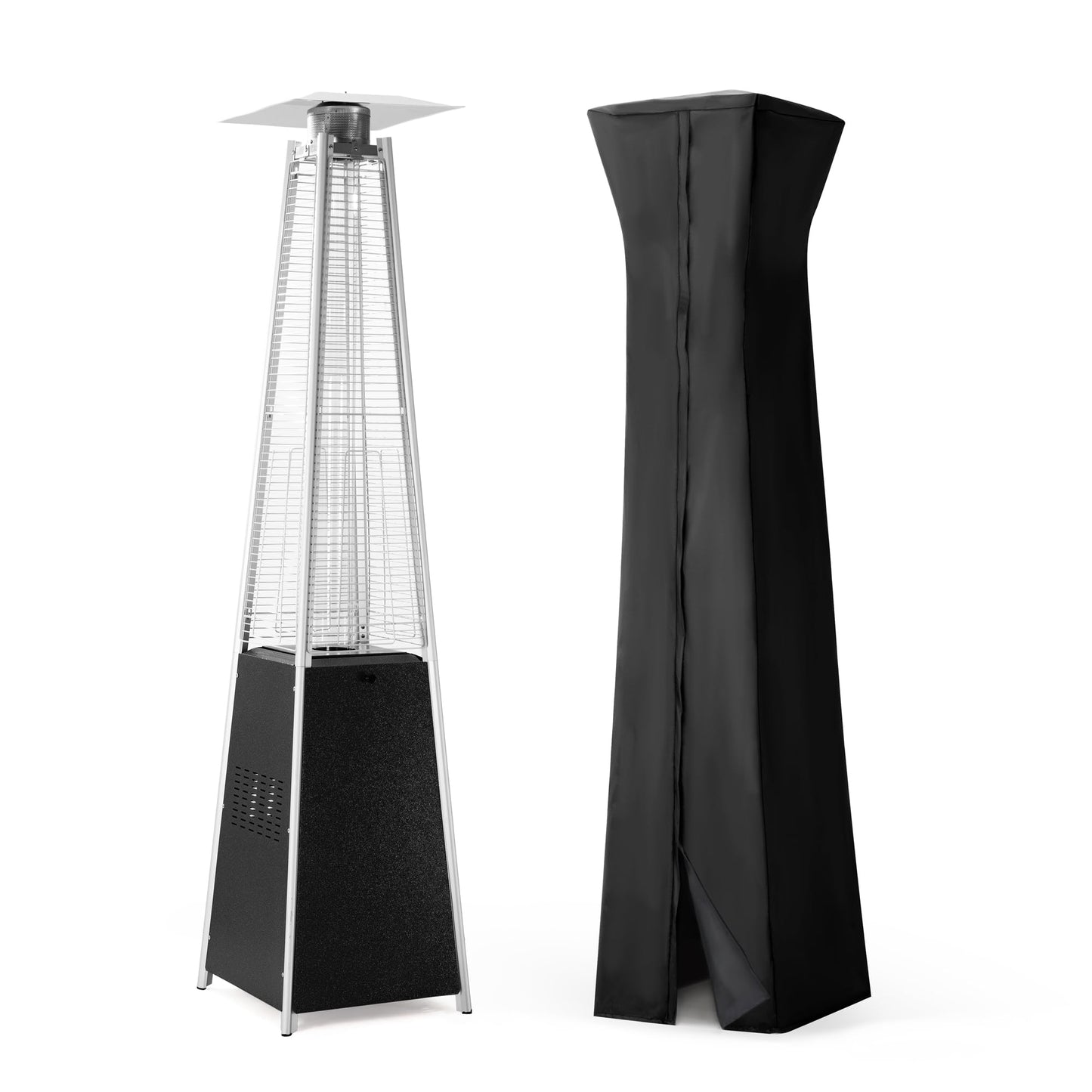 48,000 BTU Flame Pyramid Pool Heater With Cover, Triple Safety Protection Portable Patio Heater with Patio Cover, Warm Glass Tube with Durable Wheels-Black