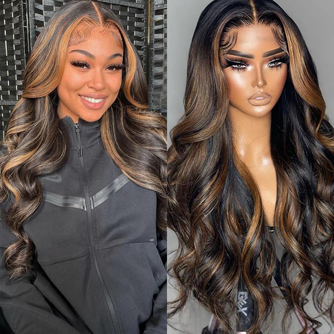 miear 360 Drawstring Lace Front Wigs Human Hair 4/27 Highlight Ombre Wig | 360 HD Full Lace Frontal Wig Body Wave Lace Front Wig Pre Plucked for Black Women 180% Density Honey Blonde Color 28inch