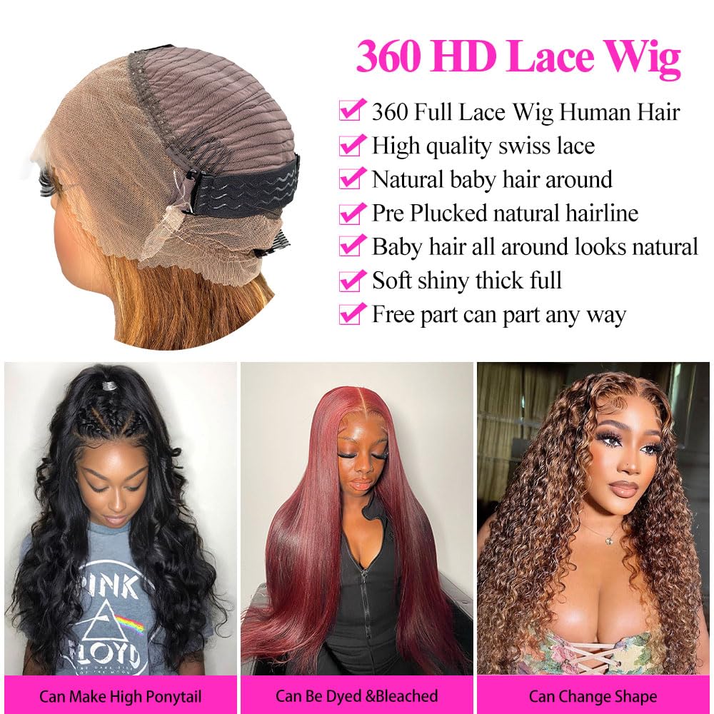 miear 360 Drawstring Lace Front Wigs Human Hair 4/27 Highlight Ombre Wig | 360 HD Full Lace Frontal Wig Body Wave Lace Front Wig Pre Plucked for Black Women 180% Density Honey Blonde Color 28inch