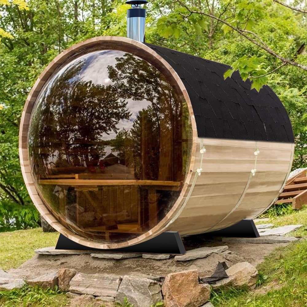 Outdoor Wooden Panoramic Barrel Sauna, 6-8 Person Sauna Room, 220V，6kw Toule Electric Heater with Sauna Stone, and Asphalt Shingle Roof (Red Ceder)