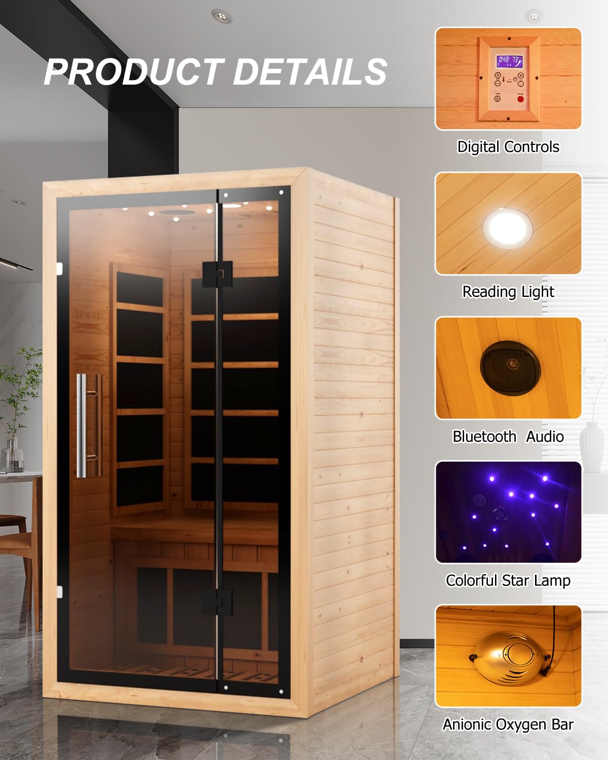 2 Person Infrared Saunas for Home with Recliner, 220V Traditional Sauna for Indoor Use, Canadian Ceder, Full Spectrum Sauna with 9 Heating Panels (Cedar)