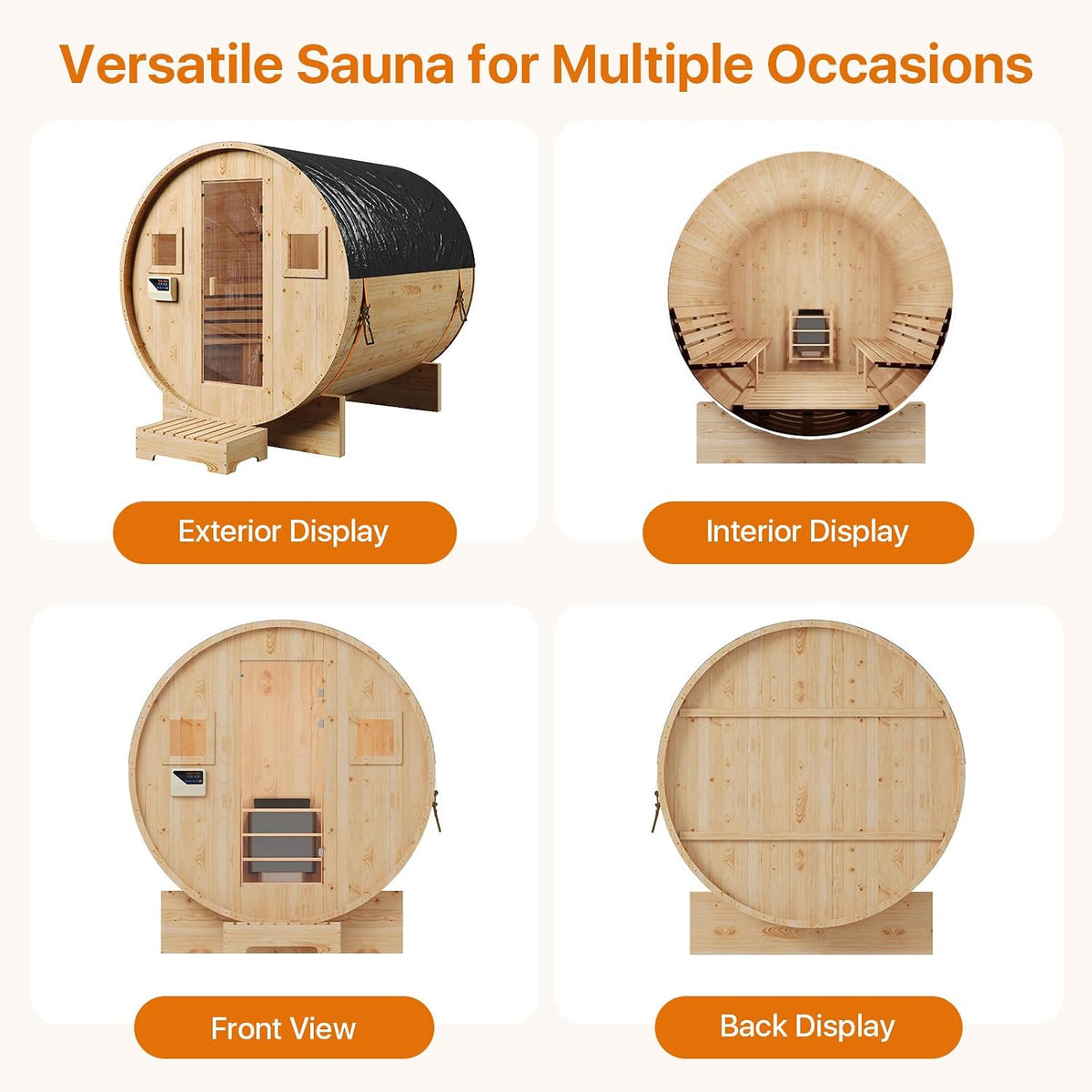 Outdoor Barrel Sauna, 4-6 Person Tradition Wood Dry＆Steam Sauna with Sauna Stone, 220V/6KW Electric Heater with Sauna Stone, Sauna Accessories, Waterproof Tarpaulin