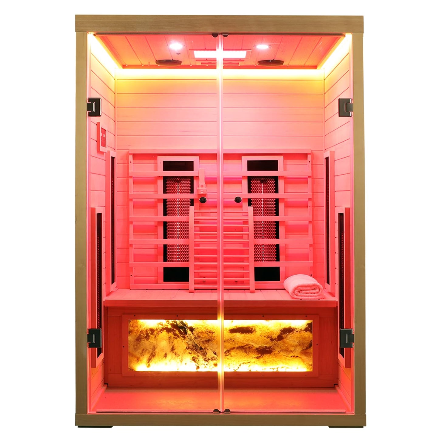 3 Person Infrared Sauna Ceramic Infrared Sauna w/Red Light Therapy | Far & Near Infrared Sauna Indoor, Low EMF Infrared Saunas for Home, Hemlock Deluxe Glass Home Sauna with Granite Backdrop