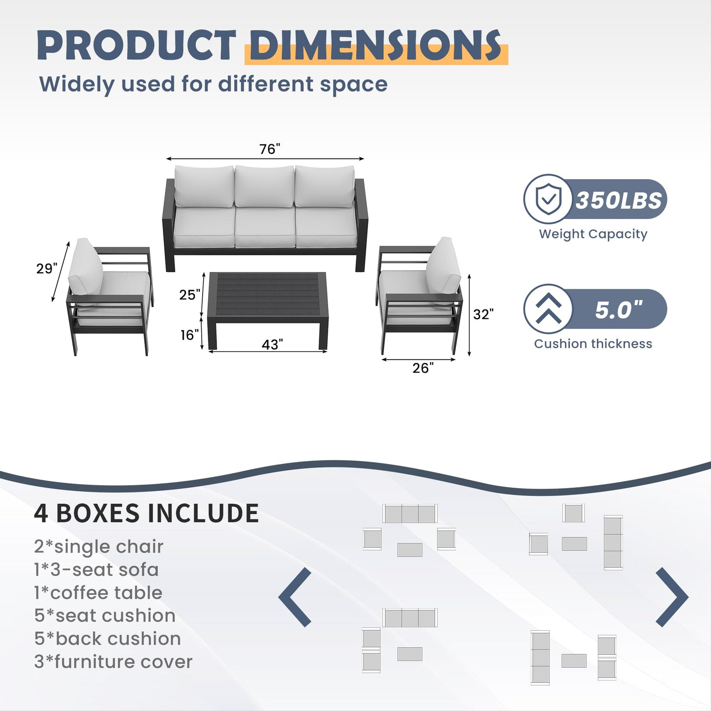 Amopatio Aluminum Patio Furniture Set, 6 Pieces Modern Outdoor Furniture | Outdoor Sectional with Coffee Table, Included Waterproof Covers, for Balcony, Garden, White&Blue