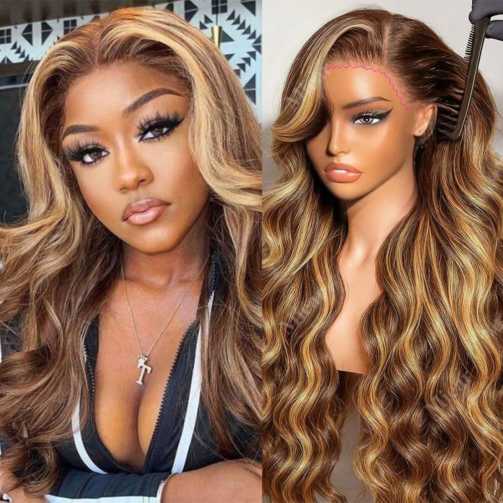 miear 360 Drawstring Lace Front Wigs Human Hair 4/27 Highlight Ombre Wig | 360 HD Full Lace Frontal Wig Body Wave Lace Front Wig Pre Plucked for Black Women 180% Density Honey Blonde Color 28inch